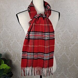 V Fraas Red Plaid Oblong Scarf Fringed Ends 100% Acrylic Made in Germany EUC